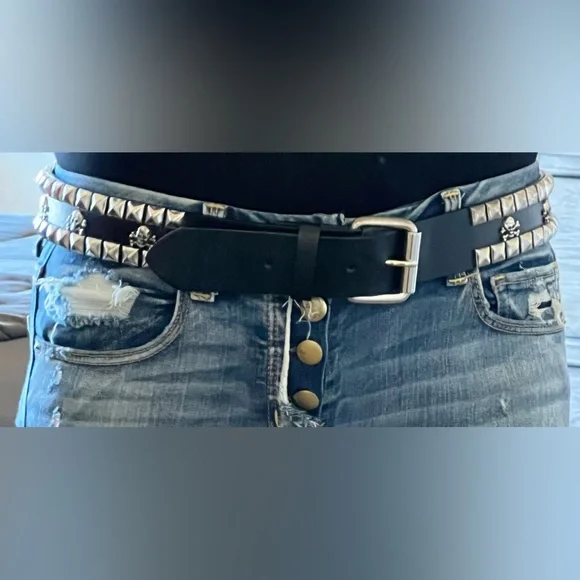 Hot Topic Y2K Skull & Crossbones Black Leather Belt with Silver Buckle 36” Goth - Picture 6 of 12